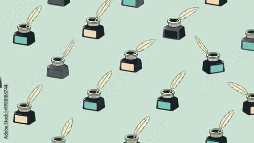 Seamless pattern of vintage inkwells with quill feathers on a soft green background, classic writer or scholar theme.