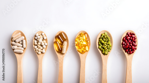 Seven wooden spoons with various supplements and pills on a clean white background for health and nutrition concepts