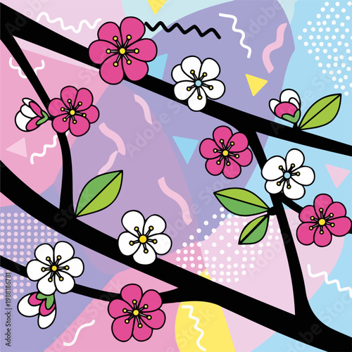 色とりどりの背景に咲く花の枝が描かれている。春の訪れや自然の美しさを表現したデザイン。ポスターやデジタルアートに最適なコンテンツ