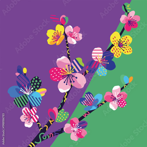 カラフルな花が咲いた枝が描かれている。色とりどりの花は楽しい雰囲気を醸し出しており、アートやデザインのプロジェクトに適している