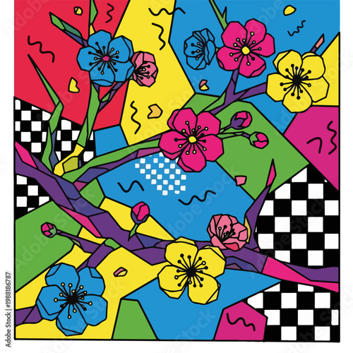カラフルなモダンデザインの背景に咲く花のイラスト。ポップアートスタイルで、春の訪れを感じさせる。アートプロジェクトやデザインに最適