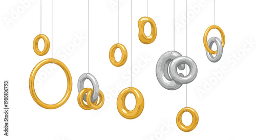 A series of elegant gold and silver metallic rings in various sizes hang gracefully from thin vertical strings creating a sophisticated minimalist display.