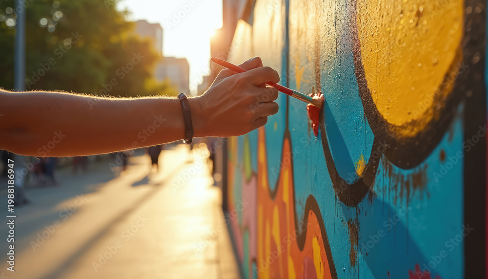 Obraz premium Artist hand paints large colorful mural on outdoor wall at sunset. Person adds detail using brush on bright street art with sun flare. Public art creation.