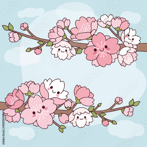 桜の花が満開に咲いている枝のイラスト。春の訪れを感じさせるかわいらしいキャラクターたちが隠れている。花や春のコンセプトにぴったりのデザイン