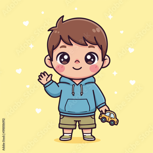 男の子が黄色い背景の前でおもちゃの車を持って手を振っている。子供らしさ、遊び心、家族愛のテーマ。子供向けのデザインやイラストに適している