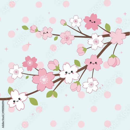 桜の花が枝に咲いている可愛いデザイン。春の雰囲気や自然の美しさを表現したい時に適している。ビジュアルアートやデジタルデザインに役立つ素材