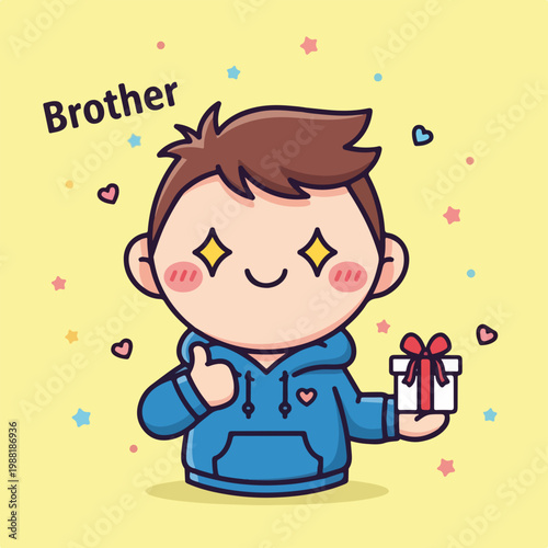 男の子が贈り物を持って楽しそうに指を立てている。兄弟に関する素敵なギフトのコンセプト。誕生日や特別な日のお祝いに役立つ