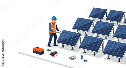 A dedicated technician wearing a blue safety helmet and orange reflective vest performs maintenance on a large array of solar panels using a metal wrench.