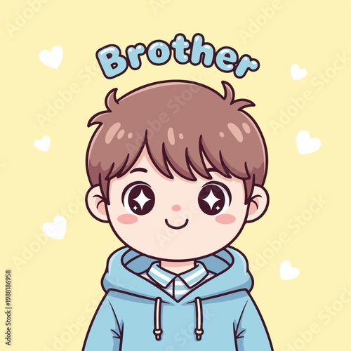 男の子が青いトレーナーを着ている。兄弟や家族の愛情を表現しているキャラクター。子供向けのデザインやイラストに活用できる
