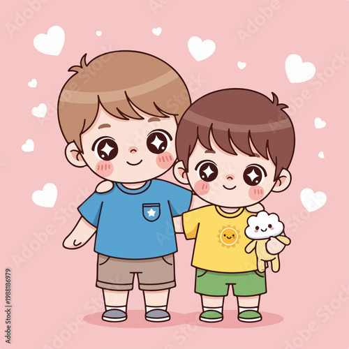 二人の男の子が仲良く微笑んでいる。友達や兄弟愛のテーマ、子供の幸せな瞬間を表現する。イラストや絵本に最適なコンテンツ