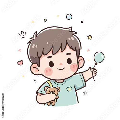 笑顔の男の子が風船を持ち、ぬいぐるみを抱えている。子供の楽しさや幸福、遊びの時を表現している。ファミリー向けのコンテンツや子供向けのデザインに役立つ