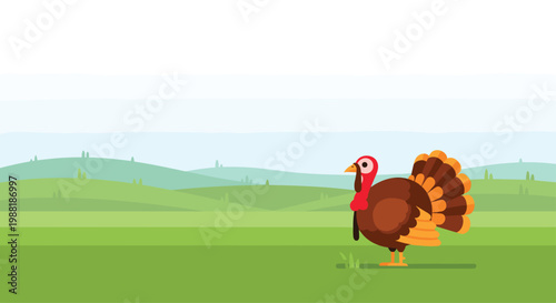 A charming cartoon turkey with vibrant red and brown plumage stands peacefully in a vast green field of rolling hills beneath a soft blue sky.
