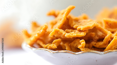Golden orange crunchy snack piled high in a white bowl with gold trim on a clean background