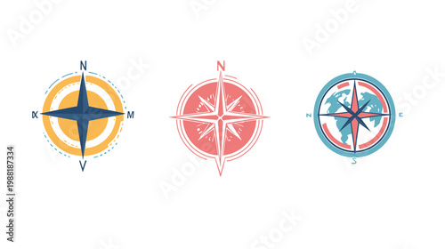 Three compass designs in various styles and colors, with directional markers
