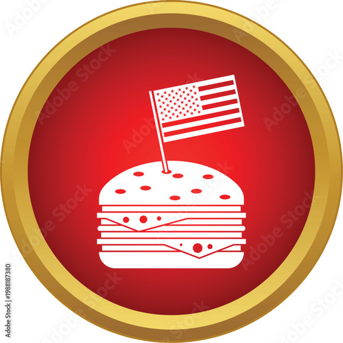 Burger with an american flag as a toothpick in a red circular badge