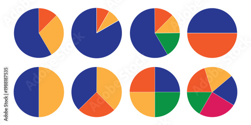 A vibrant set of colorful pie charts isolated on a light background. Clean, minimal, and highly versatile for professional and creative projects.