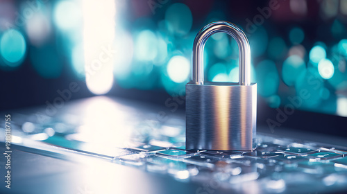 Close up of metallic padlock on laptop keyboard with blurred blue background