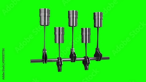 Car Engine with Five Cylinders and Rotating Crankshaft on Green Background - 3d 4k animation (3840 x 2160 px)
