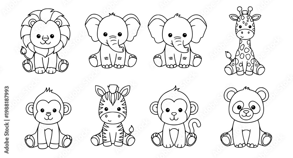 Naklejka premium Black and white baby zoo animals line art vector set with cute cartoon outlines for kids coloring