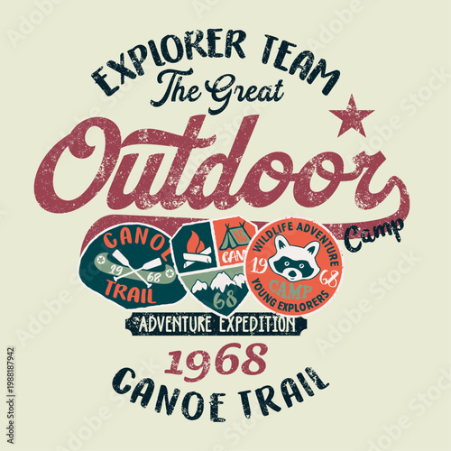 The great outdoor wildlife young explorer adventure cute vector print for children kid wear with applique embroidery patches grunge effect in separate layer