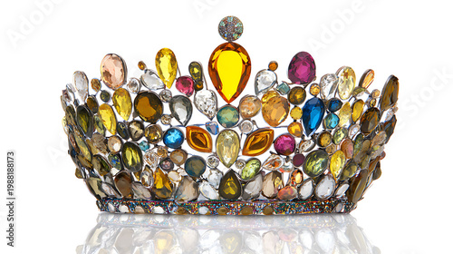 Colorful crown decorated with numerous gold and silver gems on white background