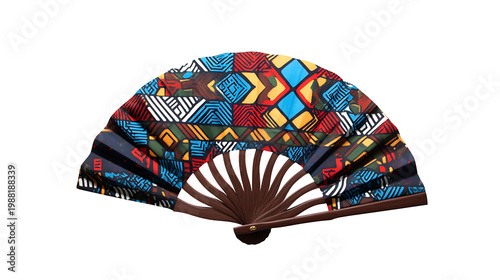 Vibrant folding hand fan with colorful geometric patterned fabric perfect for summer cooling