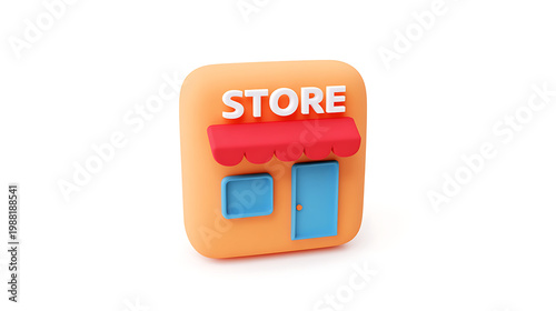3d illustration of a small orange store with red awning and blue windows on white background