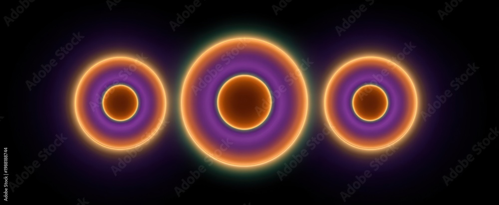 Naklejka premium Translucent amber oval frame creates cosmic allure with green rings and purple halos on black.