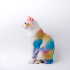 Vibrant tie dye cat sitting on white background looking left colorful feline with rainbow hues on fur
