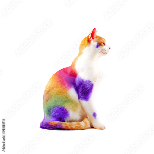 Vibrant orange and white cat with rainbow color spots sitting on white background looking right