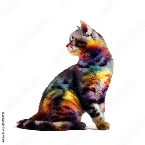 Vibrant rainbow colored cat sitting on white background looking left profile view colorful fur