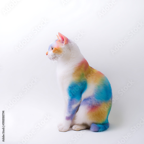 Vibrant tie dye cat sitting on white background looking left colorful feline with rainbow hues on fur