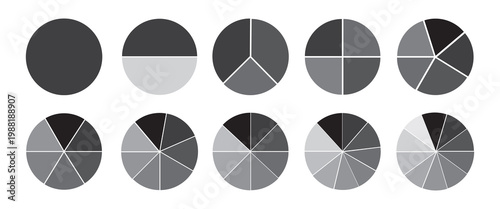 A clean set of pie chart icons featuring circular data visualization elements on white background. Minimal and modern style perfect for UI, presentations, financial data, and professional digital use.