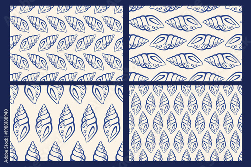 Sea animals seamless patterns set. Hand drawn marine life wall art with outline seashells in Doodle style. Mediterranean Ocean elements. La dolce vita background.  Vector