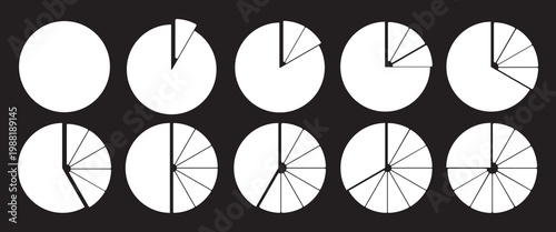 Monochrome Pie Chart Icon Set in black and white. Ideal for business analytics, statistics, reports, dashboards, and infographic design.