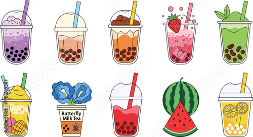 Colorful Bubble Tea Collection with Fruit Smoothies Milk Tea and Butterfly Pea Flower Tea