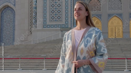 Woman in Uzbek robe at Center of Islamic Civilization Tashkent
