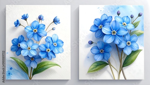 Blue flowers on white canvas panels.