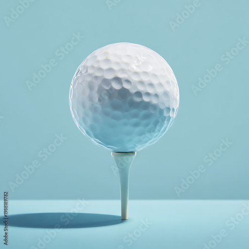A dimpled white golf ball sits on a light blue tee against a matching background