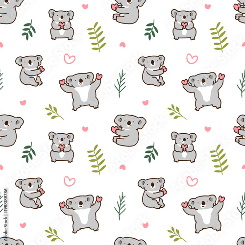 Seamless Pattern with Cartoon Koala Bear, Heart and Leaf Design on White Background. Hand Drawn Vector Illustration.