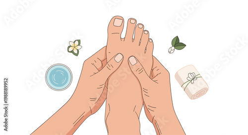 Relaxing holistic foot massage therapy session featuring delicate plumeria flowers and a pristine rolled towel set against a soft warm peach background.
