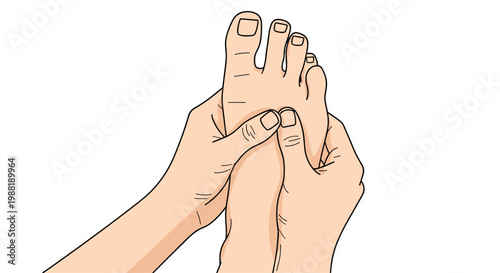 Meticulous close-up illustration of professional hands applying therapeutic pressure to the sole of a human foot during a focused reflexology treatment.