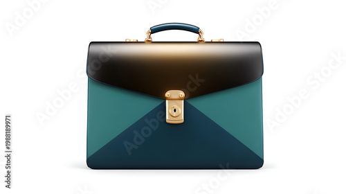 Glossy 3d illustration of a dark teal briefcase with bronze accents and handle on white background