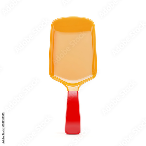 Glossy 3d illustration of an orange kitchen spatula with a red handle on white background