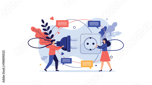 Man and woman working together to connect a massive power plug into a socket surrounded by plants and chat bubbles.