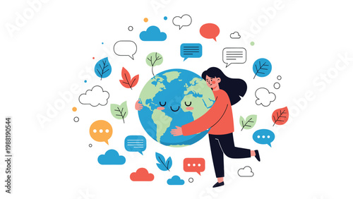 Young girl warmly hugging smiling green earth globe surrounded by speech bubbles and natural elements for ecology theme.