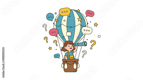 Young girl exploring new possibilities in hot air balloon looking through telescope at question marks and speech bubbles.