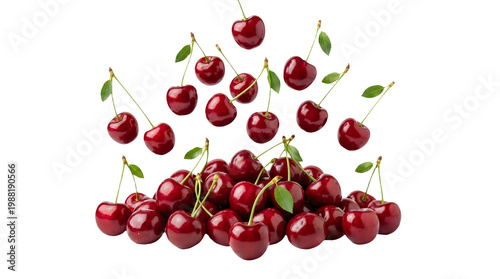 Fresh ripe cherries with green leaves falling isolated on transparent background