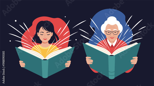 Young woman and elderly lady reading open books with magical glowing light representing wisdom and lifelong learning.