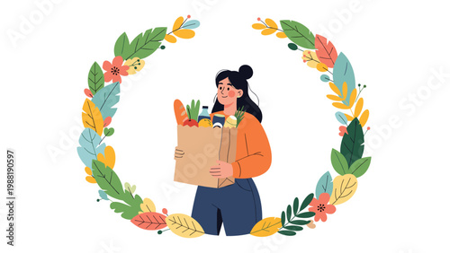 Content woman holding a paper bag full of fresh groceries inside a beautiful floral wreath for healthy organic food theme.
